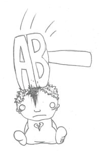 Ein Hammer auf dem "Ab" steht, schlägt auf den Kopf eines Kindes nieder, das mit leerem Blick, zerbrochenem Kopf und zerbrochenem Herzen auf dem Strampelanzug am Boden sitzt.